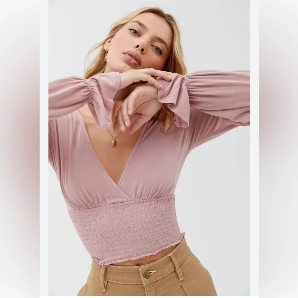 Urban Outfitters Pink Smocked Crop Blouse - Picture 1 of 8